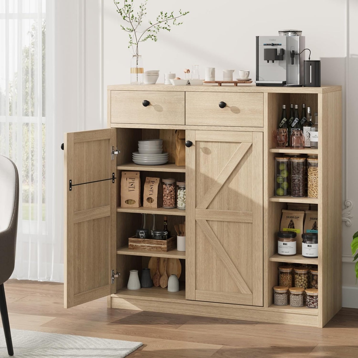 GarveeHome Shoe Storage Cabinet with Doors and Drawers, 42'' Tall Modern Shoe Cabinet with 3 Adjustable Shelves and Stable Base, 4-Tier Shoes Rack Organizer Cabinet for Entryway, Front Door, Natural GarveeHome