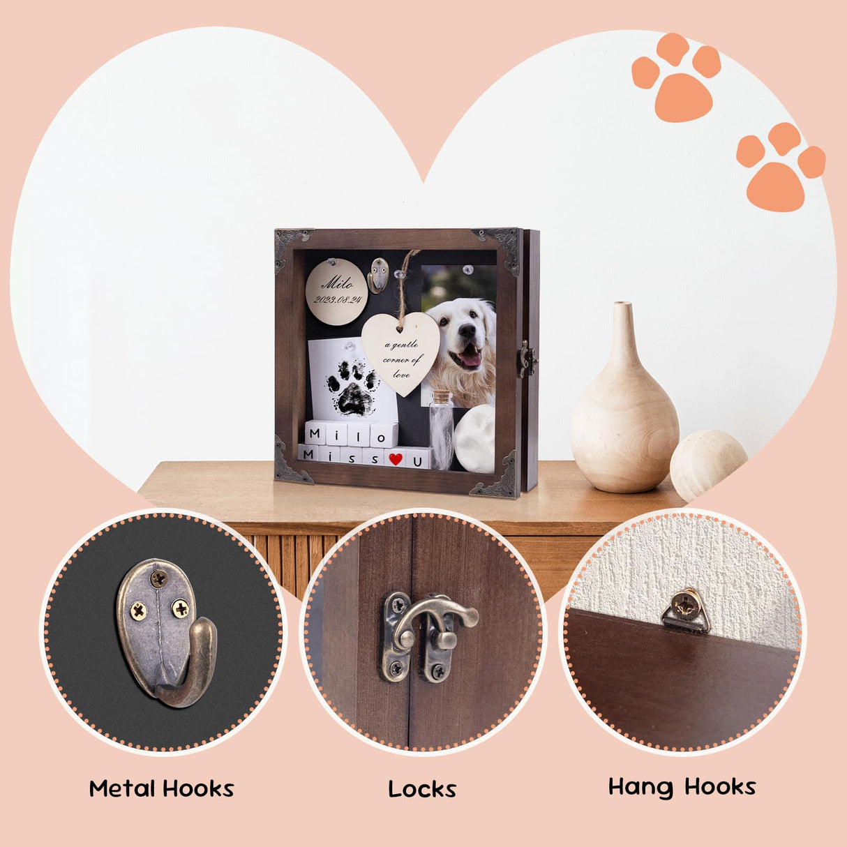 8.6'' Pet Memorial Shadow Box, Customizable Display Case for Dog Cat, Paw Print Hair Preservation, Picture Frame with Paw Print Kit Ashes Fur Jar as Pet Loss Sympathy Gift DigNew