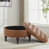 obmedin 31.5" Large Round Storage Ottoman, Upholstered Tufted PU Ottoman Coffee Table, Large Footrest with Solid Wooden Legs and Nailheads, Side Table for Living Room Bedroom Office, Brown obmedin