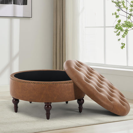 obmedin 31.5" Large Round Storage Ottoman, Upholstered Tufted PU Ottoman Coffee Table, Large Footrest with Solid Wooden Legs and Nailheads, Side Table for Living Room Bedroom Office, Brown obmedin