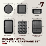 KITESSENSU Baking Pans Sets, Nonstick Bakeware Sets 7-Piece with Round/Square Cake Pan, Loaf Pan, Muffin Pan, Cookie Sheet, Roast Pan, Cooling Rack, Carbon Steel Bake Set KITESSENSU