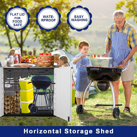 KINYING Outdoor Storage Shed - Horizontal Storage Box Waterproof for Garden, Patios, Backyards, Multi-Opening Door for Easy Storage of Bike, Garbage Cans, Tools, Lawn Mower, Off-White, 26 Cubic Feet KINYING