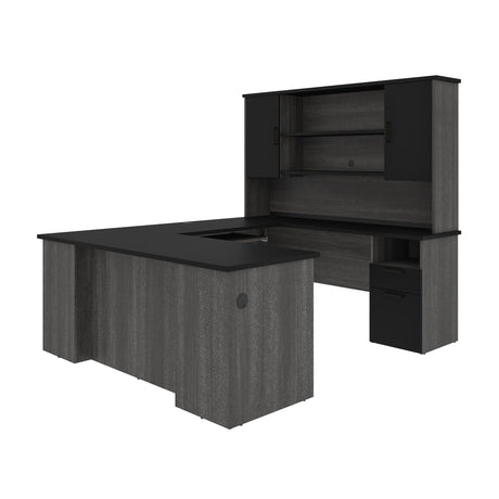 Bestar Norma U or L Shaped Executive Desk with Hutch | Large Corner Table for Home Office Workspace or Personal Work Area, 71W, Black & Bark Gray Bestar