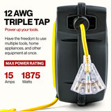 ReelWorks Extension Cord Reel Retractable 12AWG x 50' Foot 3C/SJTOW Glow Strip Cable and Lightup Triple Tap Connector Advanced Slow Retraction Technology (SRT) ReelWorks