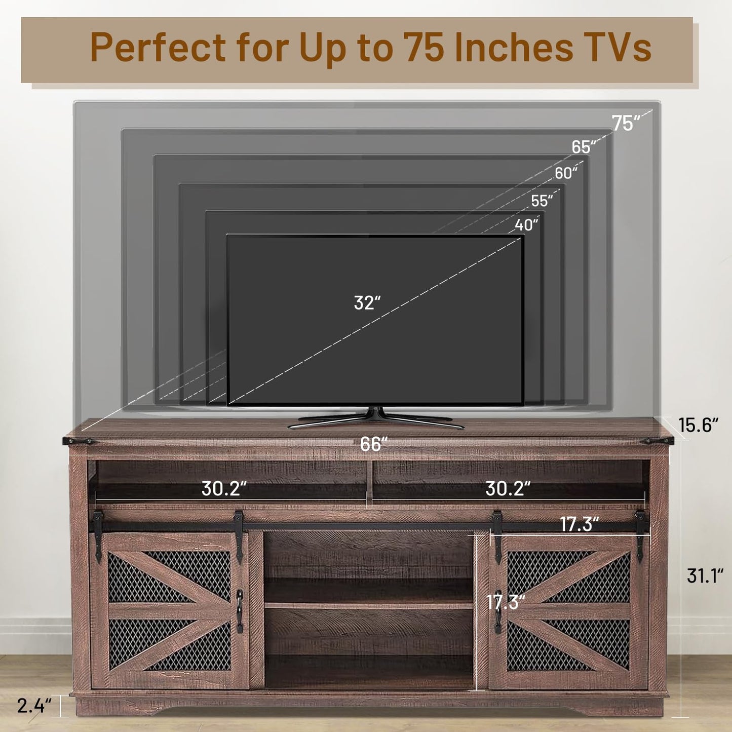 Zanzio XZ0-66TVS Rustic Farmhouse TV Stand, Distressed Brown