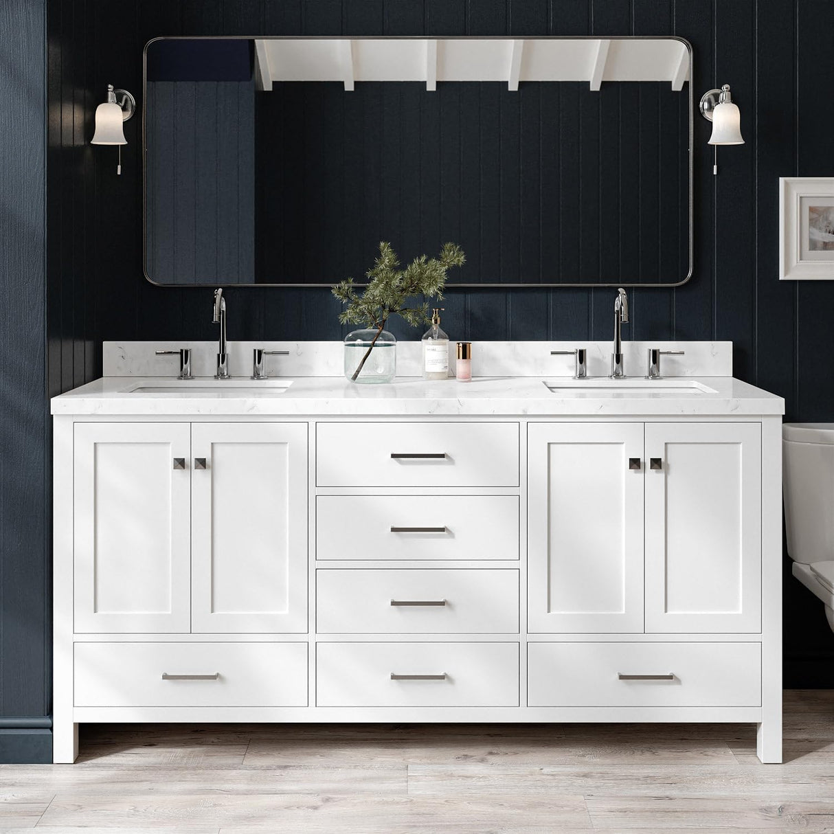 ARIEL Cambridge 72" White Double Vanity, 1.5" Edge Carrara White Quartz Countertop & Splash, Rectangular Sinks, 4 Soft Closing Doors, 6 Full Extension Dovetail Drawers, Brushed Nickel ARIEL