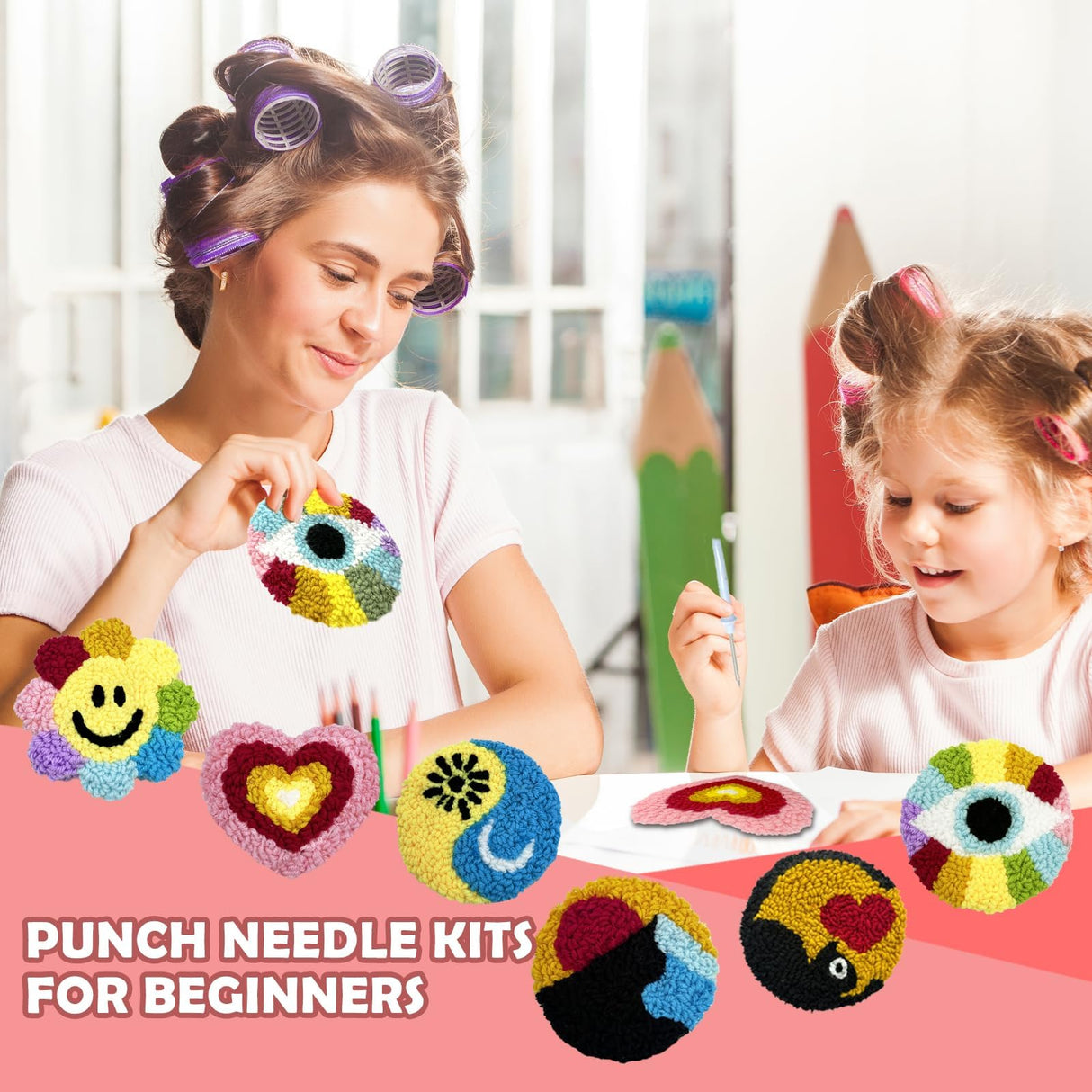 SEREDH Punch Needle Coasters Kit for Beginners Adults Easy Needle Punch Embroidery Kit Set Threader Instruction Fabric Hoop Yarn Tufting Coaster DIY Making,Coaster Holder Coaster Art Craft Supplies SEREDH