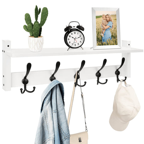 Homode Wall Shelf with Hooks, 24 Inch Coat Rack with Shelf, Farmhouse Entryway Floating Shelf with Tri Hooks, Coat Hanger with Storage for Bathroom, Entry Way, Mudroom, White Homode
