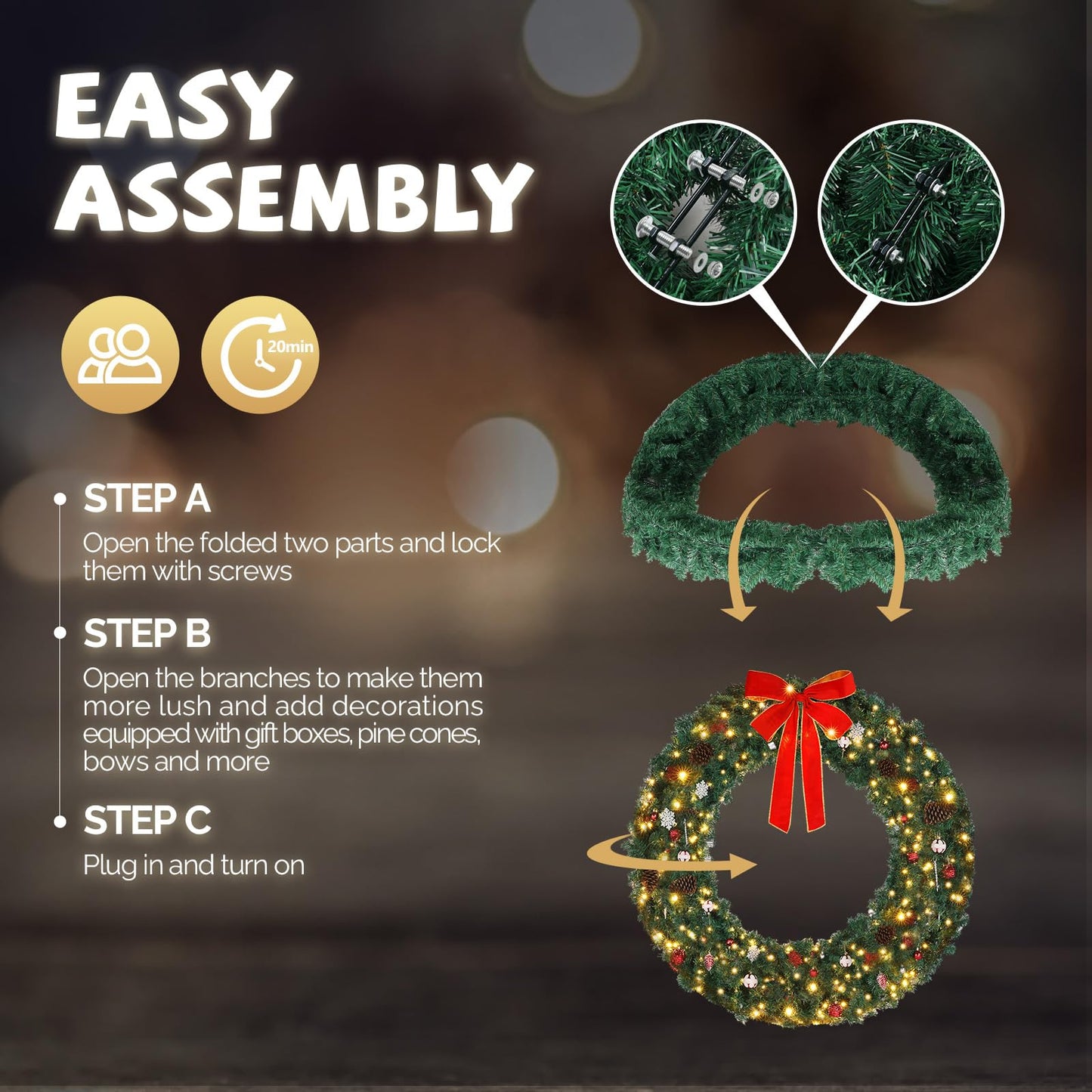 VINGLI 60 Inch Pre-lit Outdoor Christmas Wreath, Large Christmas Wreath with Lights 220 LED and 600 PVC Branches for Garage, Green Wreath w/Bow, Pine Cones, Ornaments, Remote Control, Timer (Plug-in)