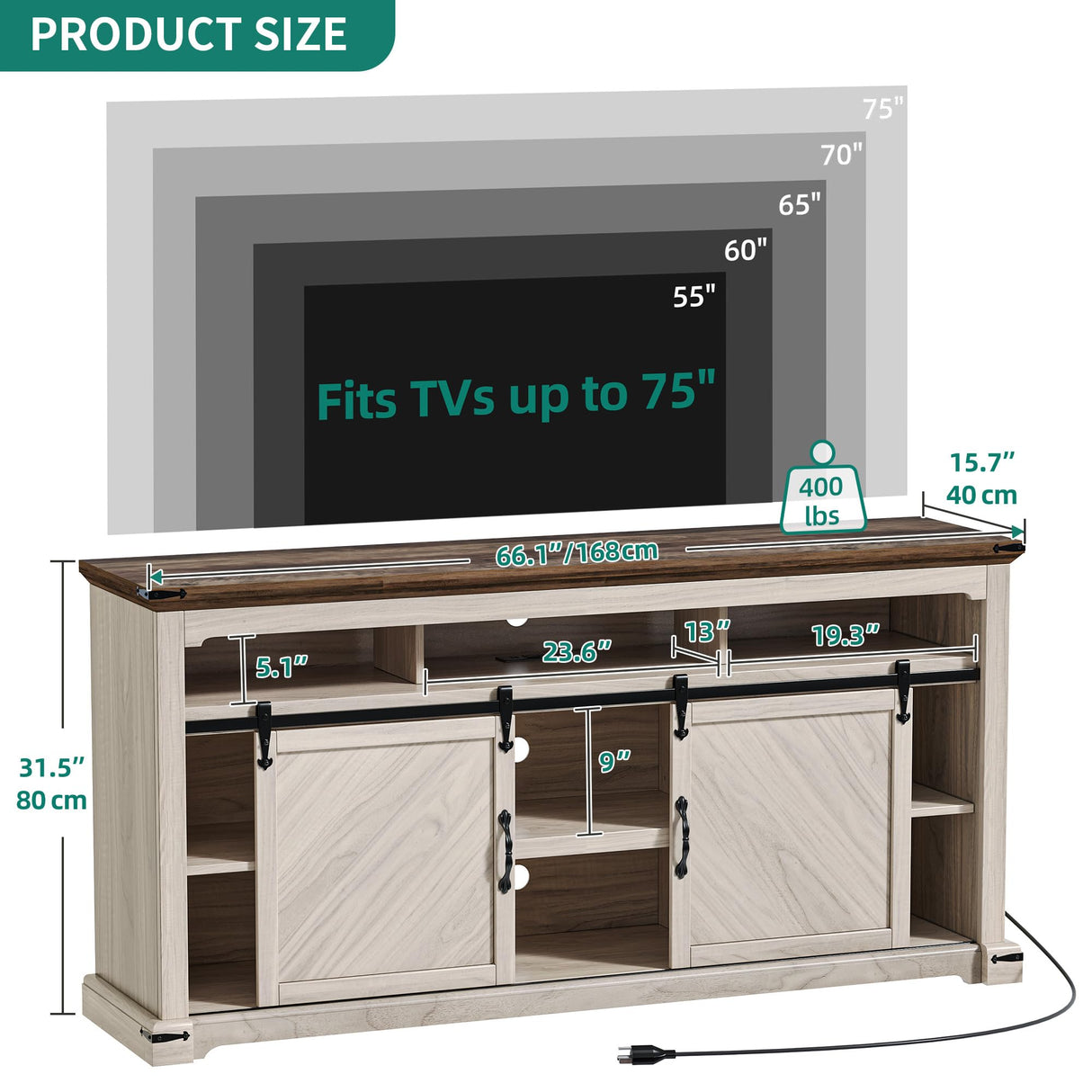 DWVO TV Stand for 75 Inch TV with Power Outlets, LED TV Stands Farmhouse Entertainment Center TV Media Console with Sliding Barn Doors for Living Room, Off White & Walnut Grain, Leaf TV Table DWVO