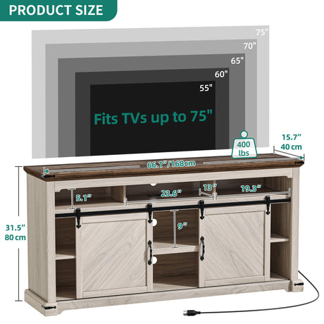 DWVO TV Stand for 75 Inch TV with Power Outlets, LED TV Stands Farmhouse Entertainment Center TV Media Console with Sliding Barn Doors for Living Room, Off White & Walnut Grain, Leaf TV Table DWVO