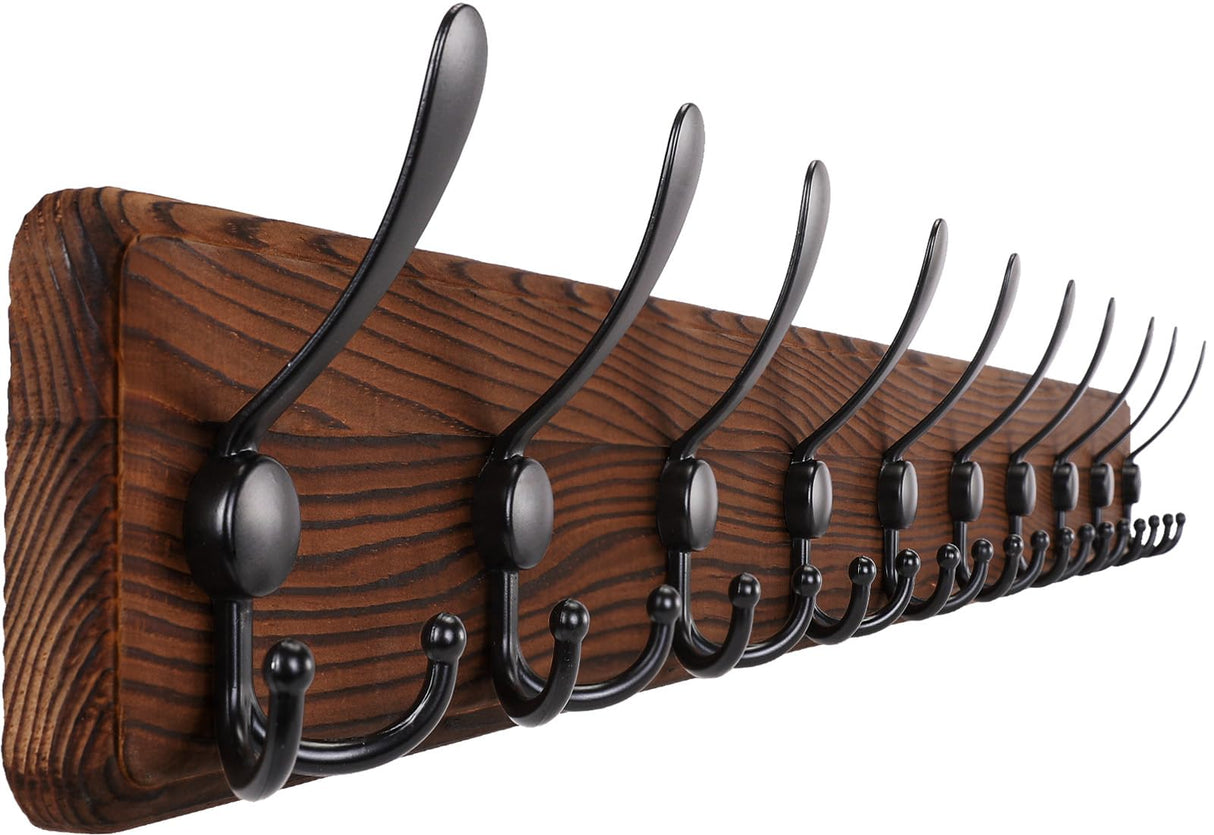 Gohiuo Rustic 38.6" Large Coat Rack Wall Mount, Long Wood Coat Hooks with 10 Triple Hooks, Heavy Duty Wooden Coat Hanger Wall Mount for Entryway, Farmhouse Hanging Jackets, Coats, Hats, Bags,Towel Gohiuo
