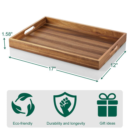 17 Inch Acacia Wood Serving Tray with Handles - Large Wooden Tray for Ottoman, Breakfast in Bed, Dinner, Coffee Table - Decorative Rectangular Tray for Living Room Bedroom Entryway and Kitchen