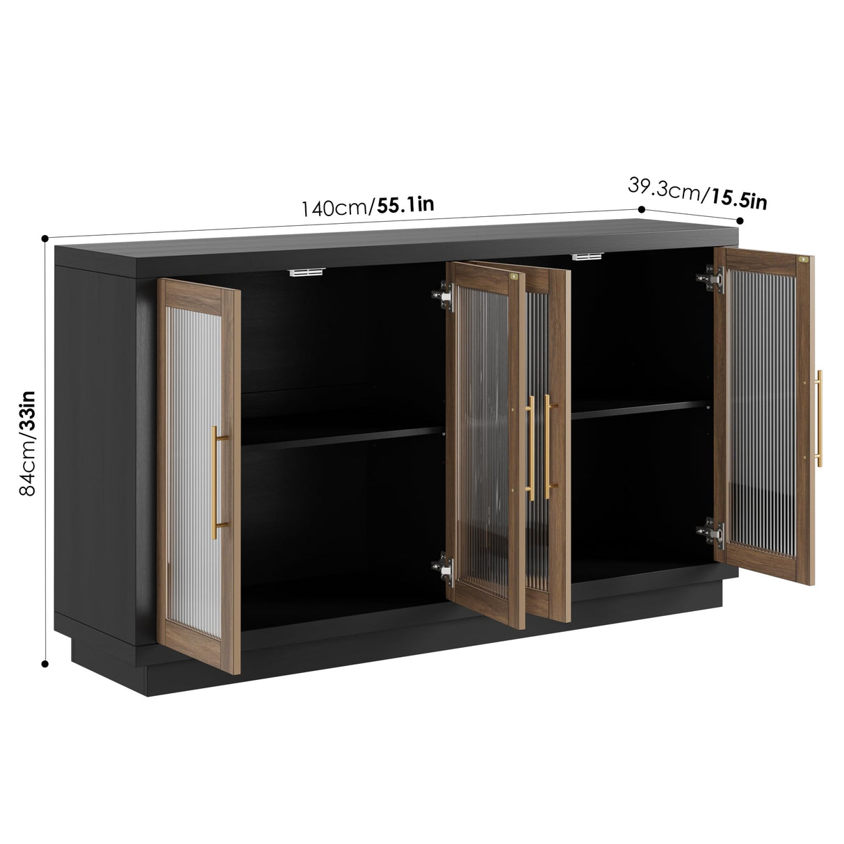 FOTOSOK Buffet Cabinet with Storage, 55.1" Large Sideboard Buffet Cabinet, Modern Sideboard Kitchen Cabinet with 4 Fluted Glass Doors, Wood Coffee Bar Cabinet Buffet Table for Kitchen, Black/Brown FOTOSOK