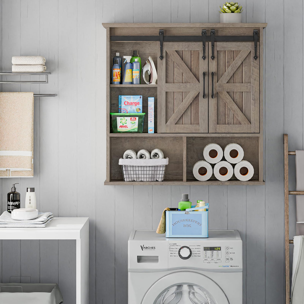 Vabches Bathroom Wall Cabinet, Farmhouse Wooden Medicine Cabinet with Double Sliding Barn Door and Adjustable Shelves, Farmhouse Storage Cabinet Wall Mounted for Bathroom, Kitchen Dining, Washed Oak Vabches