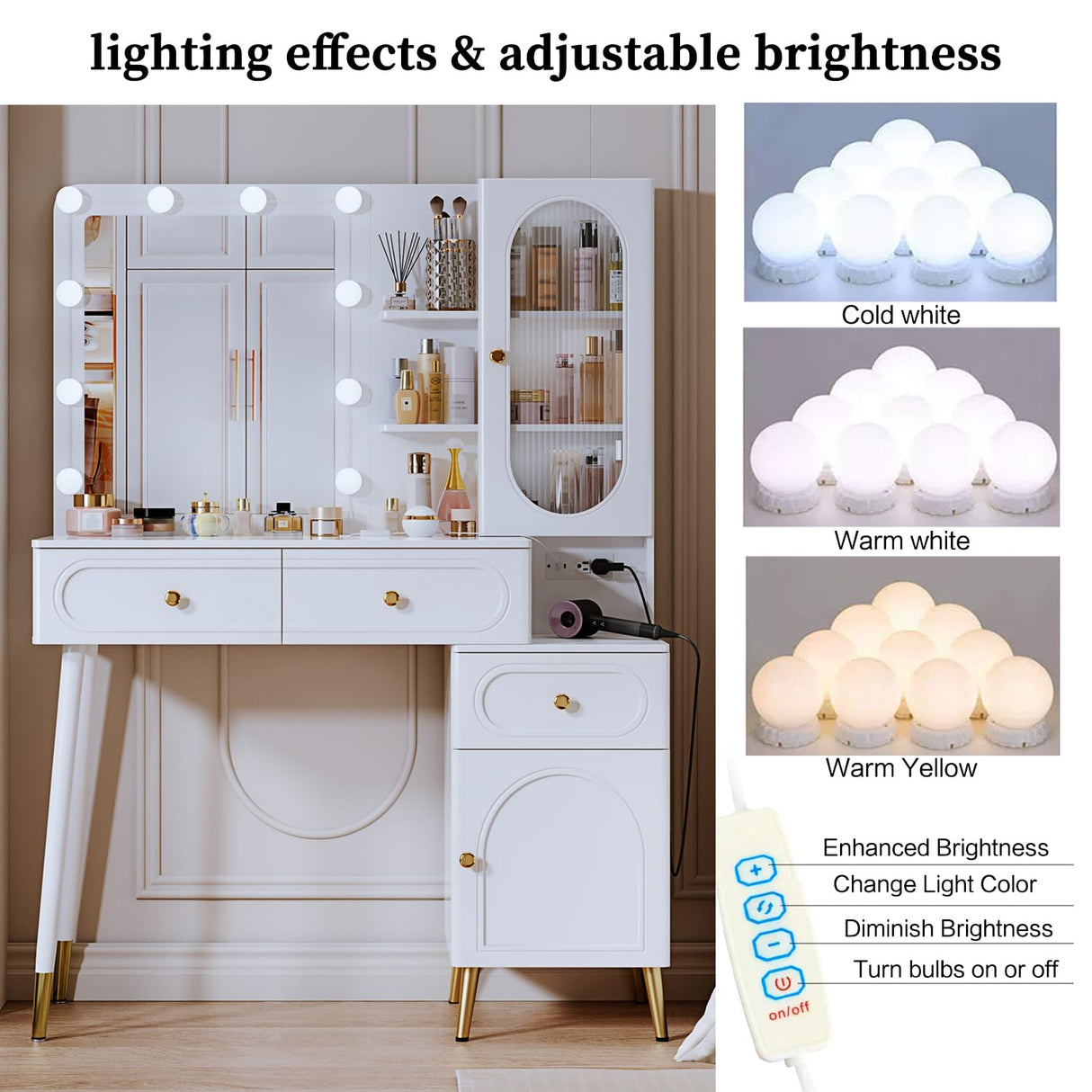 YYJ Vanity Desk with Mirror and Lights, with Chair, Modern High Capacity Makeup Vanity with 3 Drawers, Makeup Table with Power Outlet and 10 Lights for Bedroom,Makeup Room, White YYJ