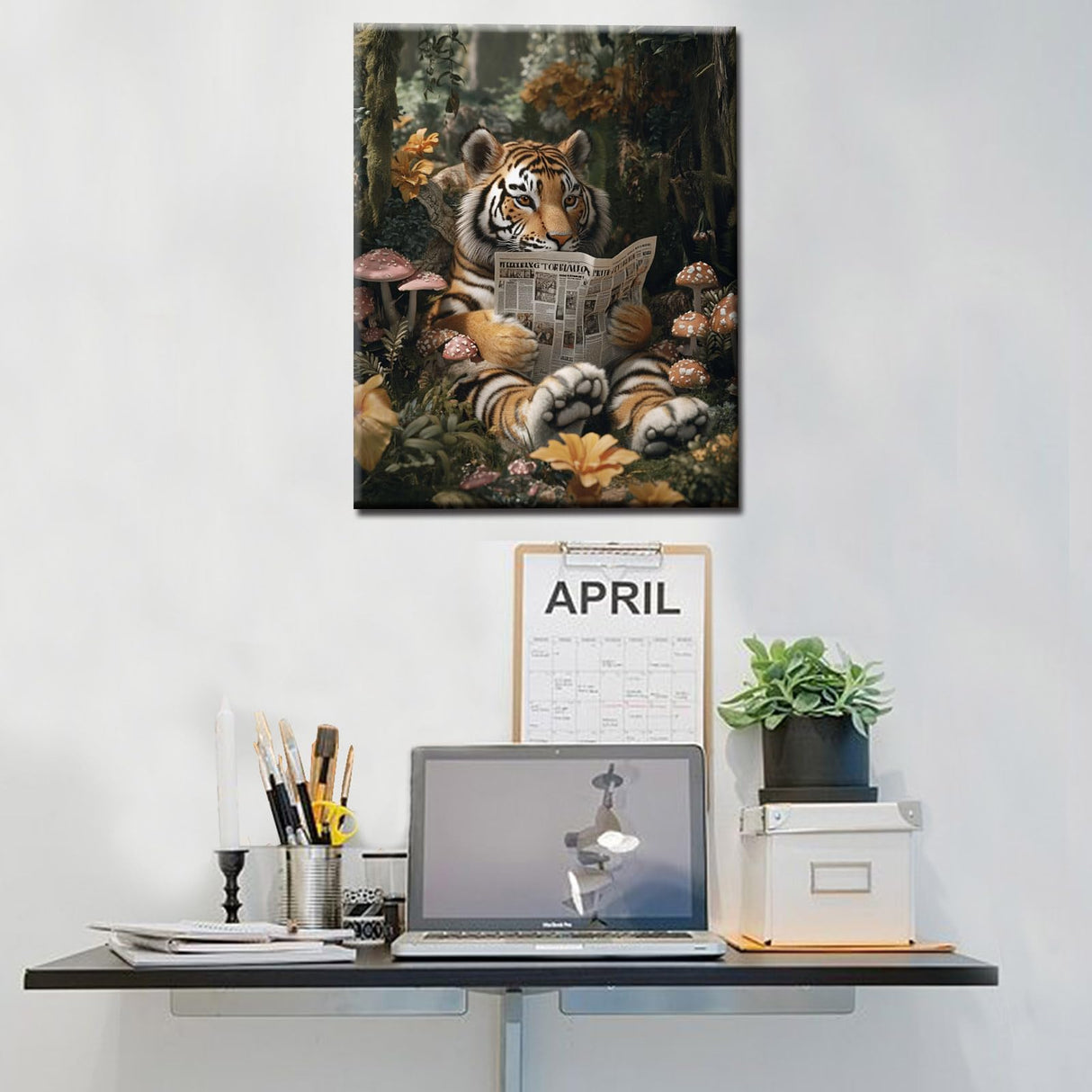 Jungle Animals DIY Paint by Numbers for Adults Tiger Reading Newspapers Digital Oil Painting Forest Kits on Canvas Acrylic Paint DIY Acrylic Paintwork Home Decor Gift 16x20 Inch (Frameless) Aihonmin