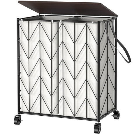 WOWLIVE Laundry Basket with Wheels, Heavy Duty Laundry Hamper with Wood Lid, Clothes Hamper with Divided Removable Liner Bag, Large Capacity Iron-Made Laundry Sorter Laundry Room Organization (Beige) WOWLIVE