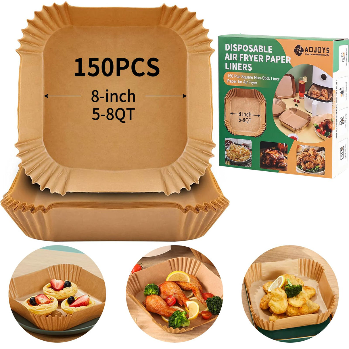 Air Fryer Liners Disposable Paper, 150 PCS Non-stick Parchment Paper, Air Fryer Disposable Liners For 5-8QT Air fryer, Oil-proof 8 Inch Airfryer Paper for Frying, Baking, Roasting Microwave (Square) AOJOYS