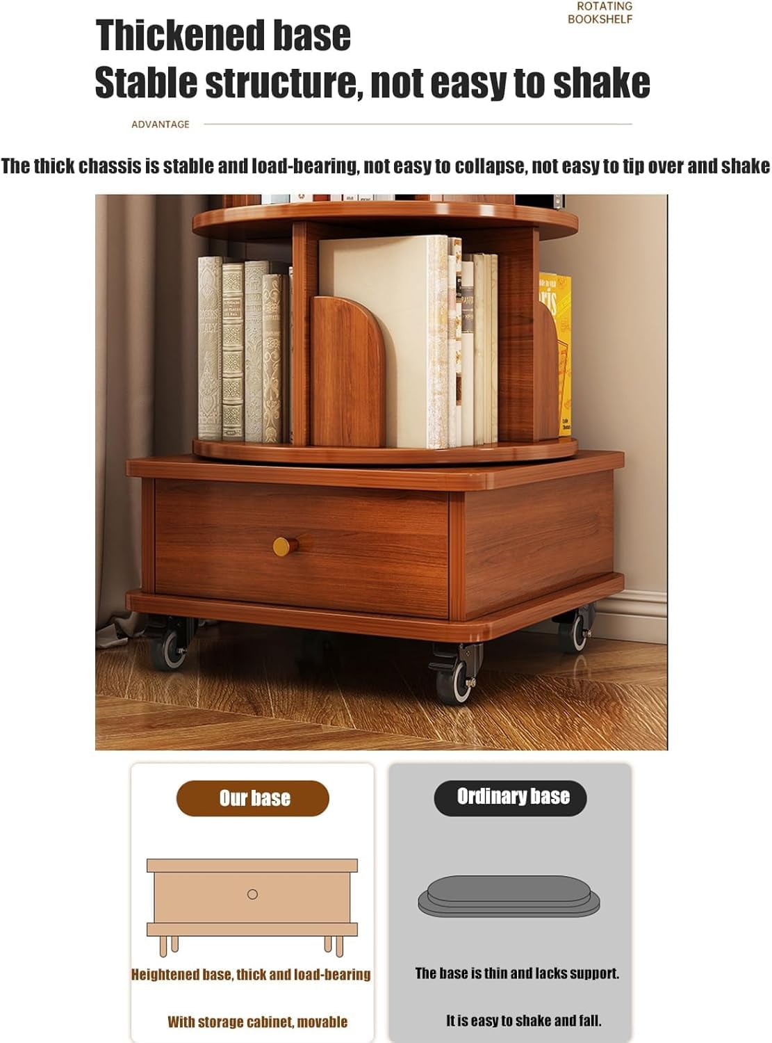 6 Tier Rotating Bookshelf Tower - Round Bookcase Rotating with 360° Rotating Design and Free Assembly Mode, Standing Bookshelf Tower with Drawer and Wheels, Revolving Bookcase for Study Room, Walnut TXFTRR