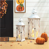 Glitzhome Farmhouse White Wood Metal Lanterns Decorative Hanging Candle Lanterns Set of 2 Glitzhome
