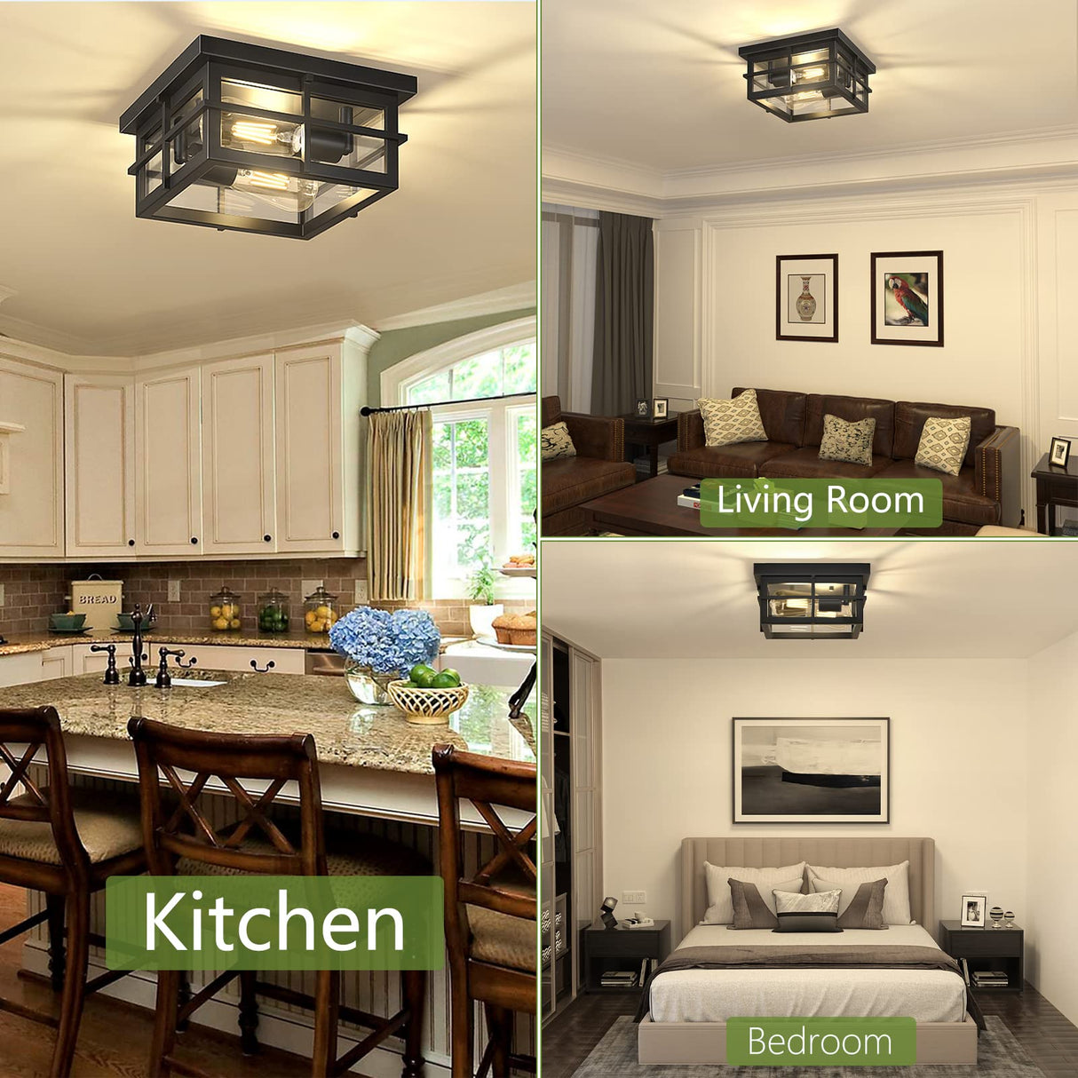 Asnxcju Modern Outdoor Ceiling Light Fixtures, 2-Light Black Flush Mount Light Fixtures with Clear Glass Shade, Farmhouse Square Ceiling Lighting for Porch Bathroom Kitchen (Bulbs Not Included) Asnxcju