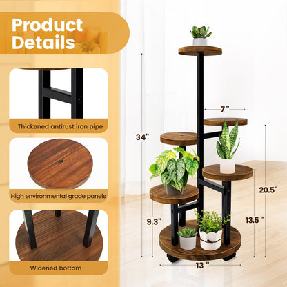 GEEBOBO 5 Tier Plant Stand With 4 Wheels, Metal Wood Tall Plant Stands For Indoor Plants Multiple, Corner Tiered Flower Plants Shelf Stand for Living Room Bedroom, Brown