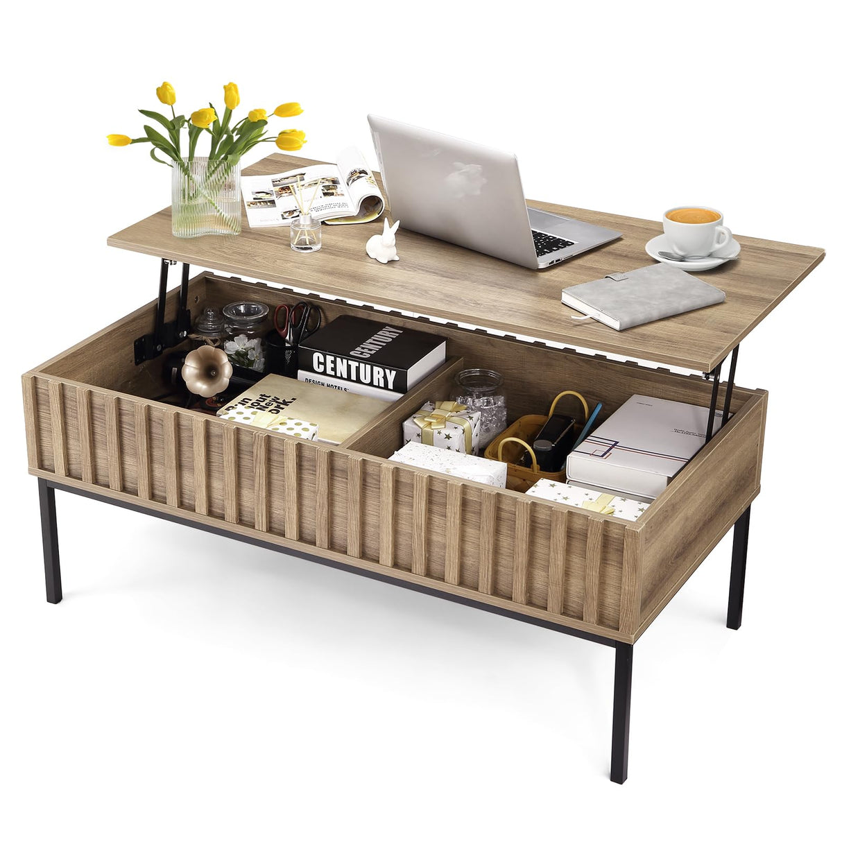 GarveeHome Lift Top Coffee Table, Mid Century Modern Coffee Table, Farmhouse Wooden Coffee Table with Hidden Storage Compartment, Rustic Center Table, Coffee Tables for Living Room Office GarveeHome