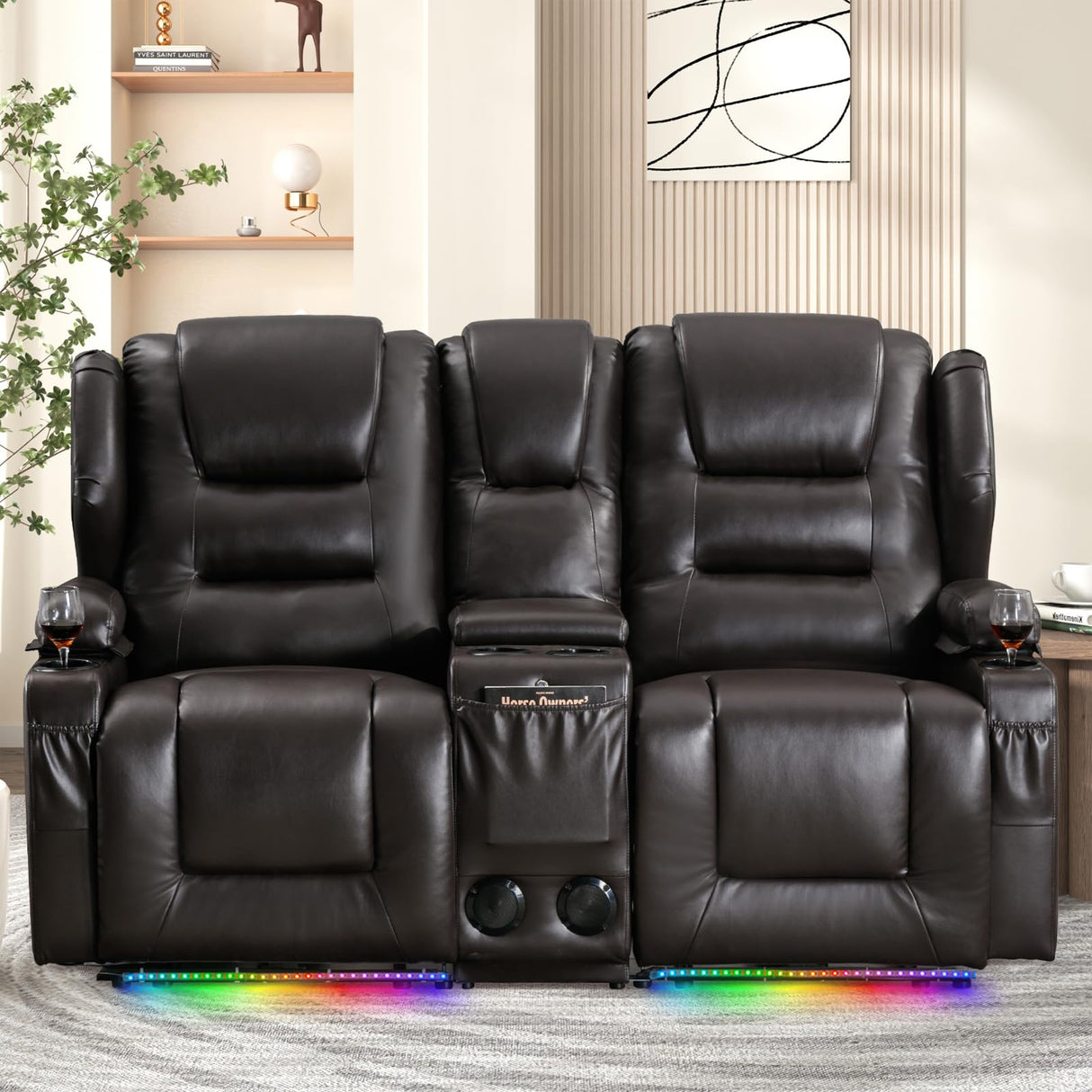 Oprisen 2-Seater Power Loveseat Recliner Electric Reclining Sofa Couch Wall Hugger Recliner Home Theater Seating w/Multi-Function Console/Cup Holders/LED Ambient Light Oprisen