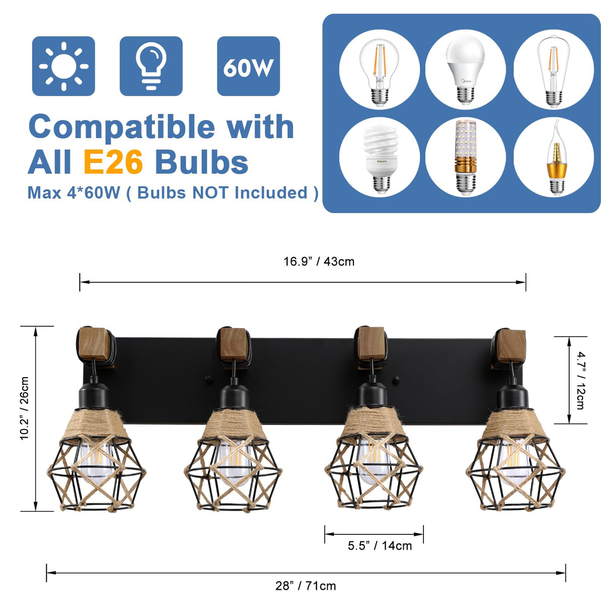 Rustic Style Wood Bathroom Wall Sconce，4 Light Bathroom Vanity Light Fixtures， with Boho Wicker Twine Lampshade，Suitable for Bedroom, Hallway, and Living Room，Rattan Black Farmhouse Wall Sconce LmnLvn