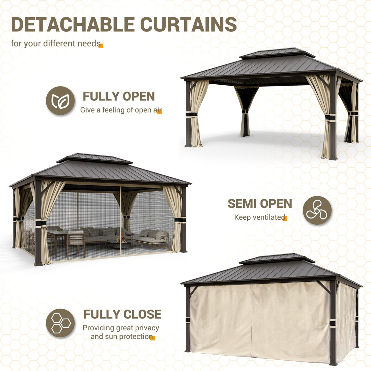 UDPATIO 12' x 16' Hardtop Gazebo, Outdoor Aluminum Gazebo with Galvanized Steel Double Roof, Permanent Metal Canopy with Curtains and Netting for Patio, Garden, Lawn, Backyard, Deck, Beige UDPATIO