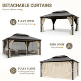 UDPATIO 12' x 16' Hardtop Gazebo, Outdoor Aluminum Gazebo with Galvanized Steel Double Roof, Permanent Metal Canopy with Curtains and Netting for Patio, Garden, Lawn, Backyard, Deck, Beige UDPATIO