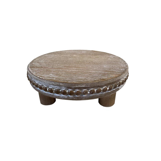 dwellington Farmhouse Beaded Wood Pedestal Tray Decor, 7.6” Round Vintage Display Stand, Decorative Accent Display Riser for Farmhouse Kitchen, Bathroom (Natural)