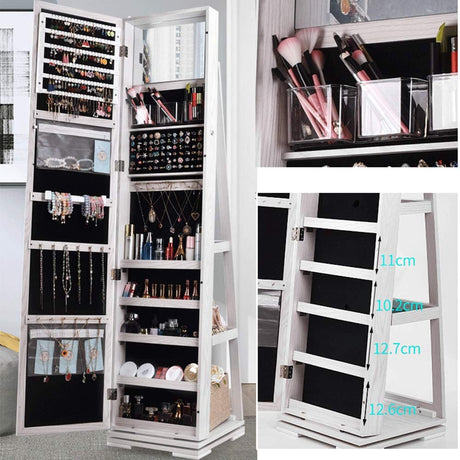 SDHYL Rotating Jewelry Cabinet with Mirror, Full Length Wooden Storage Armoire with Lock SDHYL