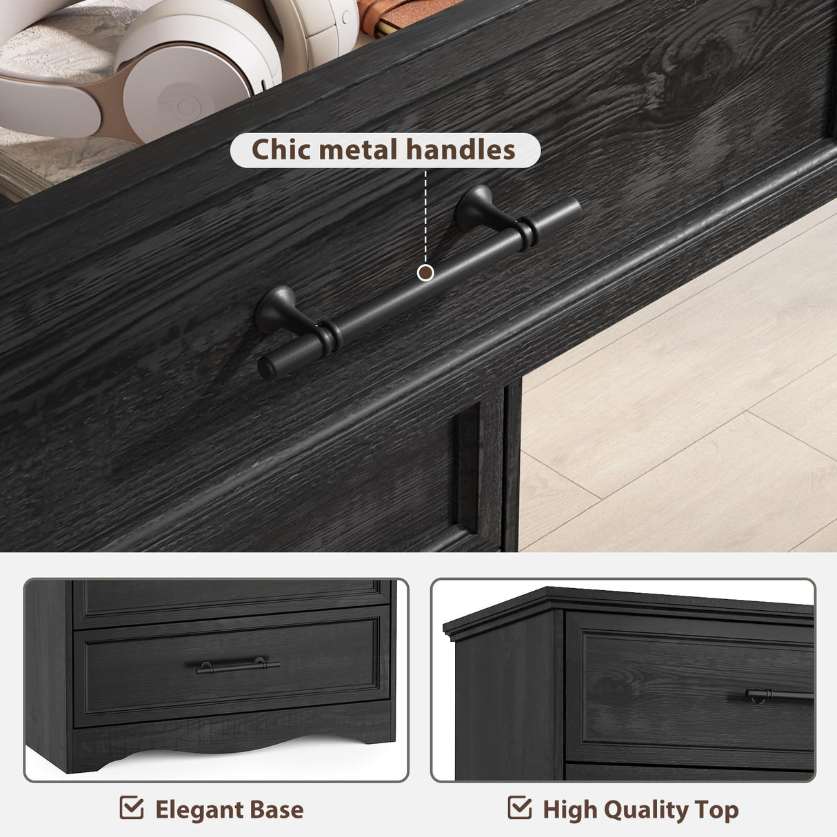 Black Dresser for Bedroom, Farmhouse 36" Tall 4 Drawer Chest with Sleek Brushed Metal Handles, Modern Wood Storage Cabinet with Unique Base Design, Closet Organizer for Bedroom, Living Room, Hallway YANSNWO