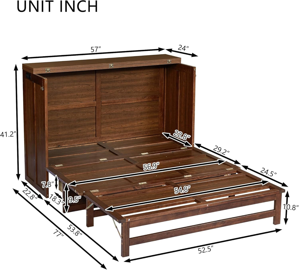 MERITLINE Solid Pine Wood Full Murphy Bed with Storage Drawer and Charging Station,Wood Folding Walnut Murphy Chest Bed Cabinet for Adults MERITLINE