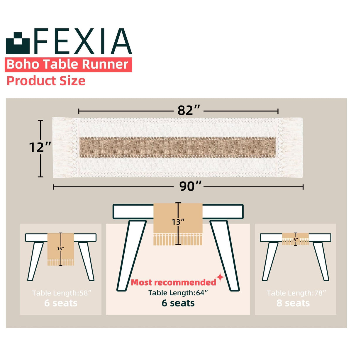 Fexia Boho Table Runner for Thanksgiving Home Decor with Tassels 90 Inch Cream & Brown Macrame Runner for Dining & Bedroom Baby Bridal Shower Decor(12x90 Inches) FEXIA