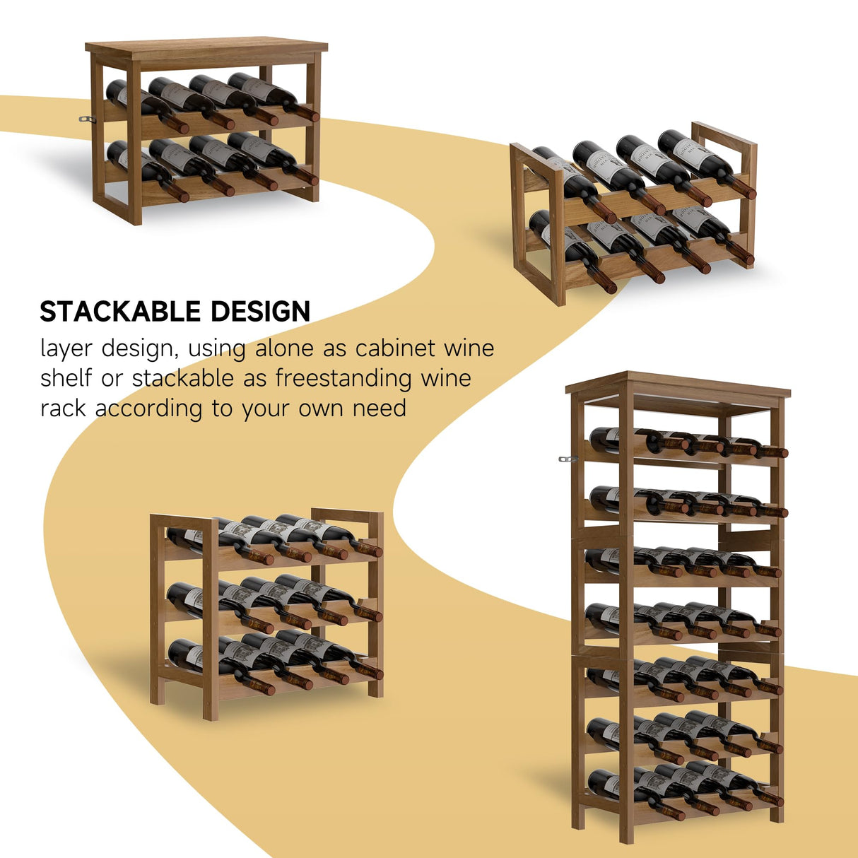 28-Bottle Wine Rack Free Standing Floor, Solid Wood 7-Tier Display Wine Storage Shelves with Tabletop, Wobble-Free Bottle Holder for Cellar Kitchen Bar Dining Room Living Room, Light Brown FLYJOE