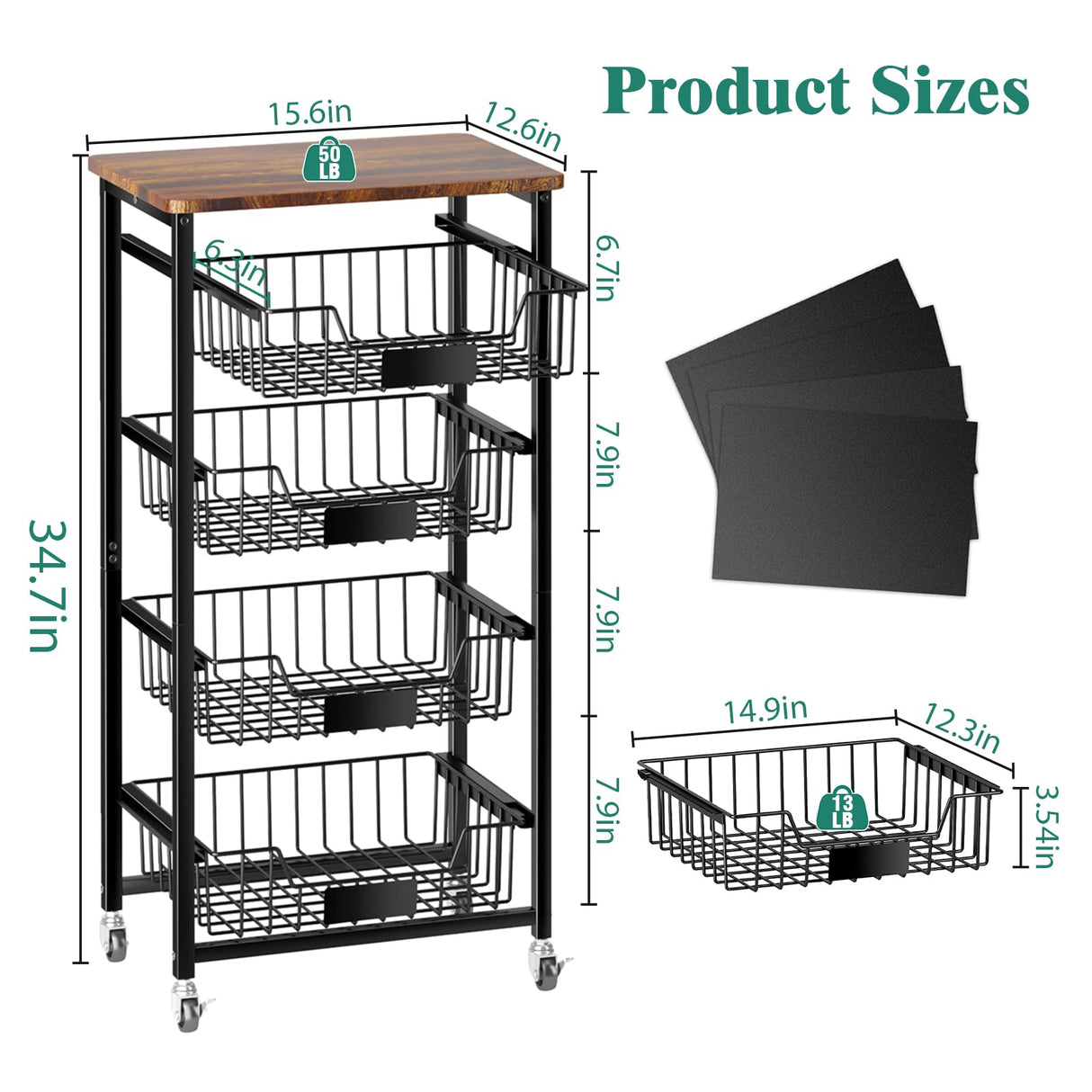 XYZLVSI Kitchen Storage Cart with Wheels, 5-Tier Metal Utility Rolling Cart Fruit Vegetable Storage Basket Pantry Rack with Wood Top & Pull Out Baskets for Kitchen, Livingroom, Diningroom, Office XYZLVSI