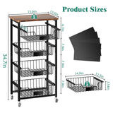 XYZLVSI Kitchen Storage Cart with Wheels, 5-Tier Metal Utility Rolling Cart Fruit Vegetable Storage Basket Pantry Rack with Wood Top & Pull Out Baskets for Kitchen, Livingroom, Diningroom, Office XYZLVSI