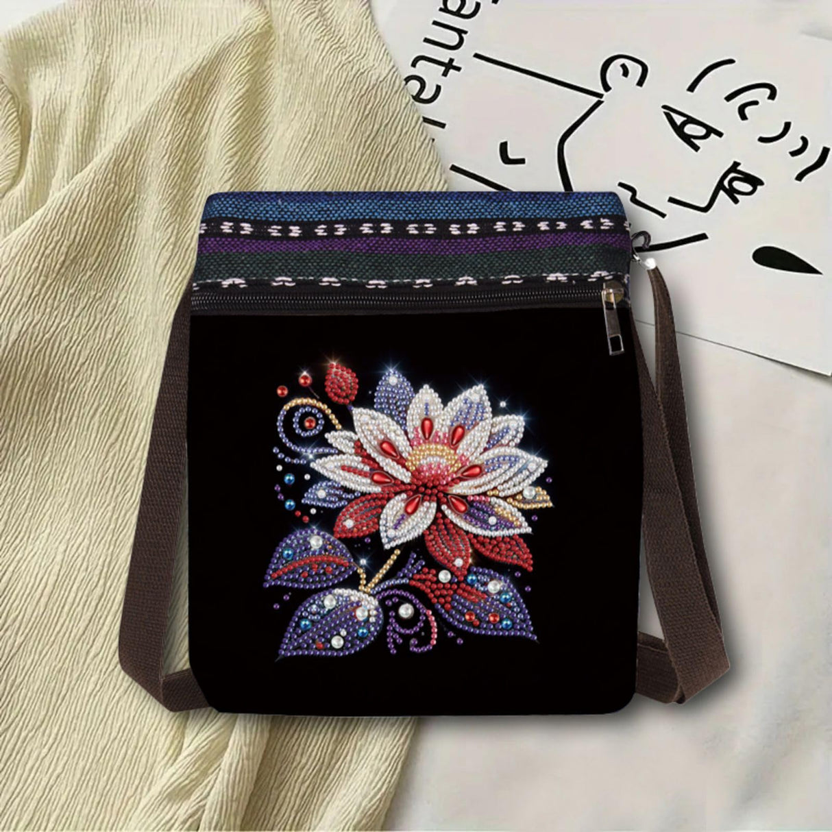 BAYUNOE DIY Diamond Crossbody Bag Diamond Art Painting Grocery Bag Black Canvas Shoulder Beach Tote Bags Single Side Diamond Shopping Bags for Women Art Craft Gift-Flower04 BAYUNOE
