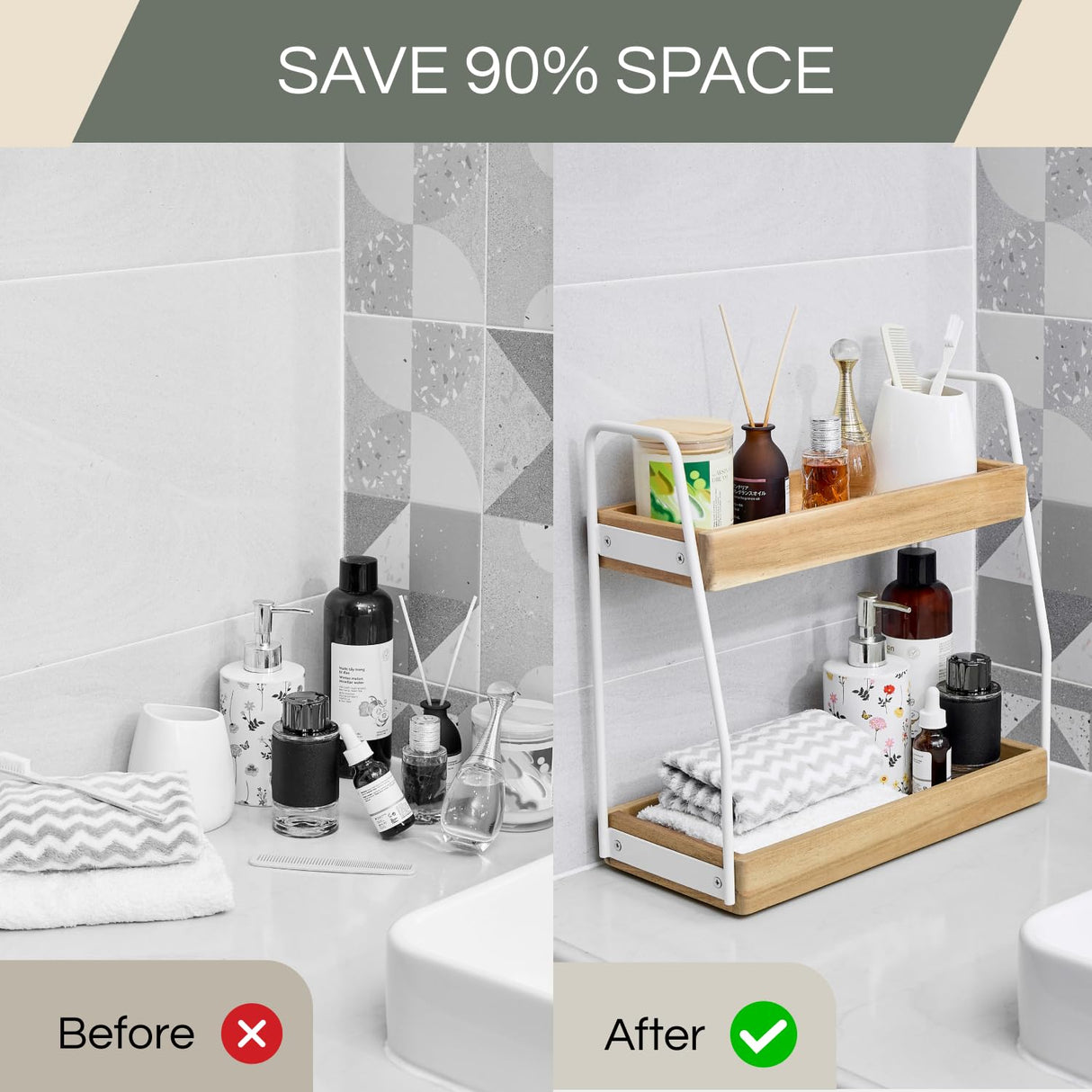 THYOI Acacia Wood 2-Tier Wooden Organizer Countertop, 15.4”x6.7”x14.6”, Natural White with White Steel, Two-Tier Bathroom Organizer, Storage Organizer, Wooden Organizer, Countertop Storage Shelf THYOI