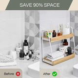 THYOI Acacia Wood 2-Tier Wooden Organizer Countertop, 15.4”x6.7”x14.6”, Natural White with White Steel, Two-Tier Bathroom Organizer, Storage Organizer, Wooden Organizer, Countertop Storage Shelf THYOI