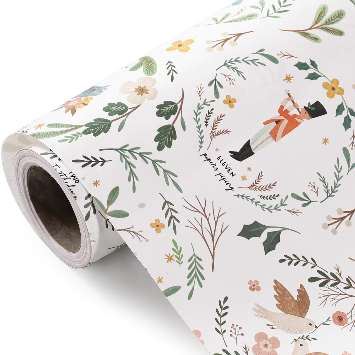 WRAPAHOLIC Kraft Christmas Wrapping Paper - Mini Roll - 17 Inch x 33 Feet - Cute Girl and Boy with Floral and Leaves Design for Christmas, Holiday, Party Celebration WRAPAHOLIC