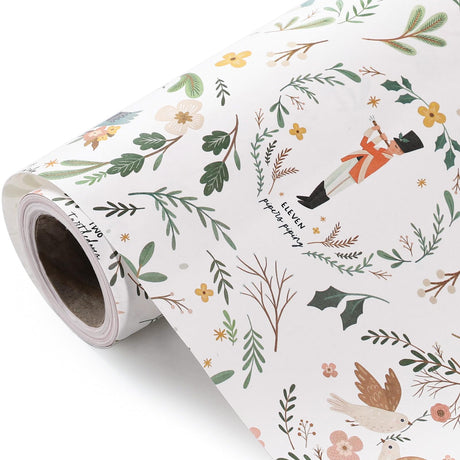 WRAPAHOLIC Kraft Christmas Wrapping Paper - Mini Roll - 17 Inch x 33 Feet - Cute Girl and Boy with Floral and Leaves Design for Christmas, Holiday, Party Celebration WRAPAHOLIC
