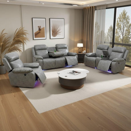 Air Leather Power Recliner Sofa Set with LED, Reclining Living Room Furniture Sets, Power Recliner Couch Set with USB Ports for House/Home Theater (Grey, Sofa+Loveseat+Chair) AYCP Furniture