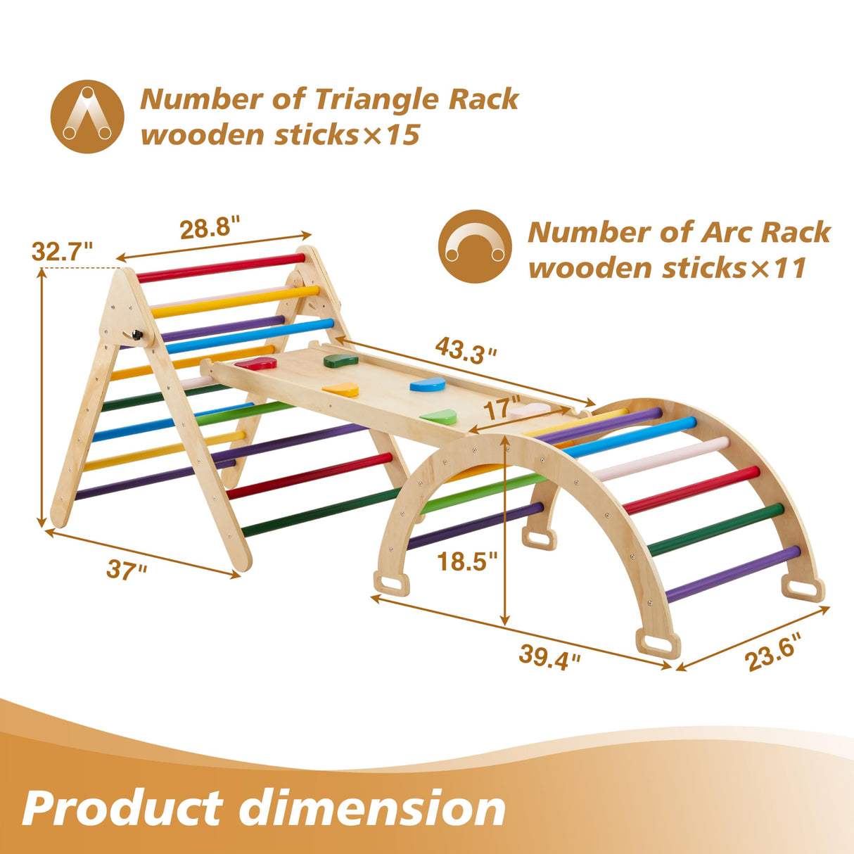 5 in 1 Pikler Triangle Gym, Montessori Foldable Wooden Climbing Set with Ramp, Arch Climber and Rocker, Toddlers Climbing Triangle Learning Waldorf Children Jungle Gym for Kids 2-6 Years (Rainbow) Grecodown