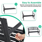 FDW Outdoor 50 Inches Garden Bench, Slatted Seat Armrests Floral Design Backres and Arch Legs, Perfect for Park, Yard, Porch, Lawn, Balcony, Backyard, Black FDW