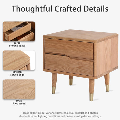 Bedside Table Nightstands Solid Wood with Copper Decoration, Mid Century Modern Nightstand for Bedroom, Natural Color Buzleer