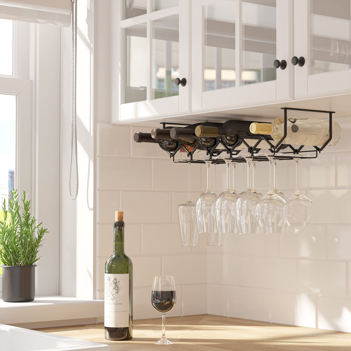 Wallniture Piccola Under Cabinet Wine Rack & Glasses Holder, Kitchen Organization with 6 Bottle Organizer Metal Black Wallniture